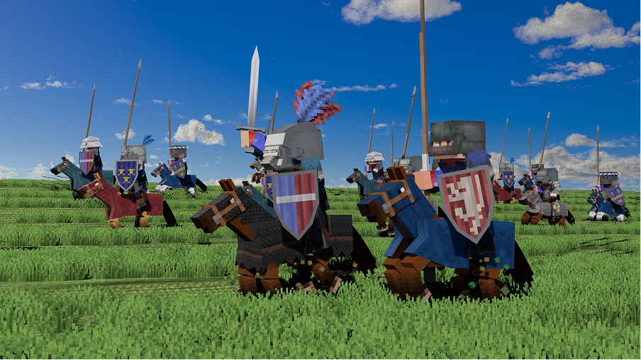 Medieval warriors on horseback charging into battle on the Mvndicraft server
